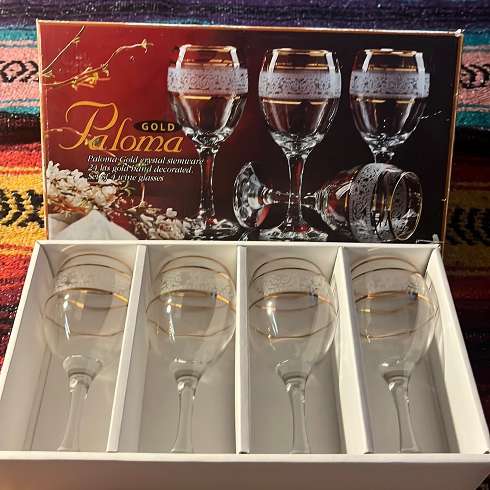 Paloma Gold vtg crystal 24kt gold stemware- set of 4 wine glasses